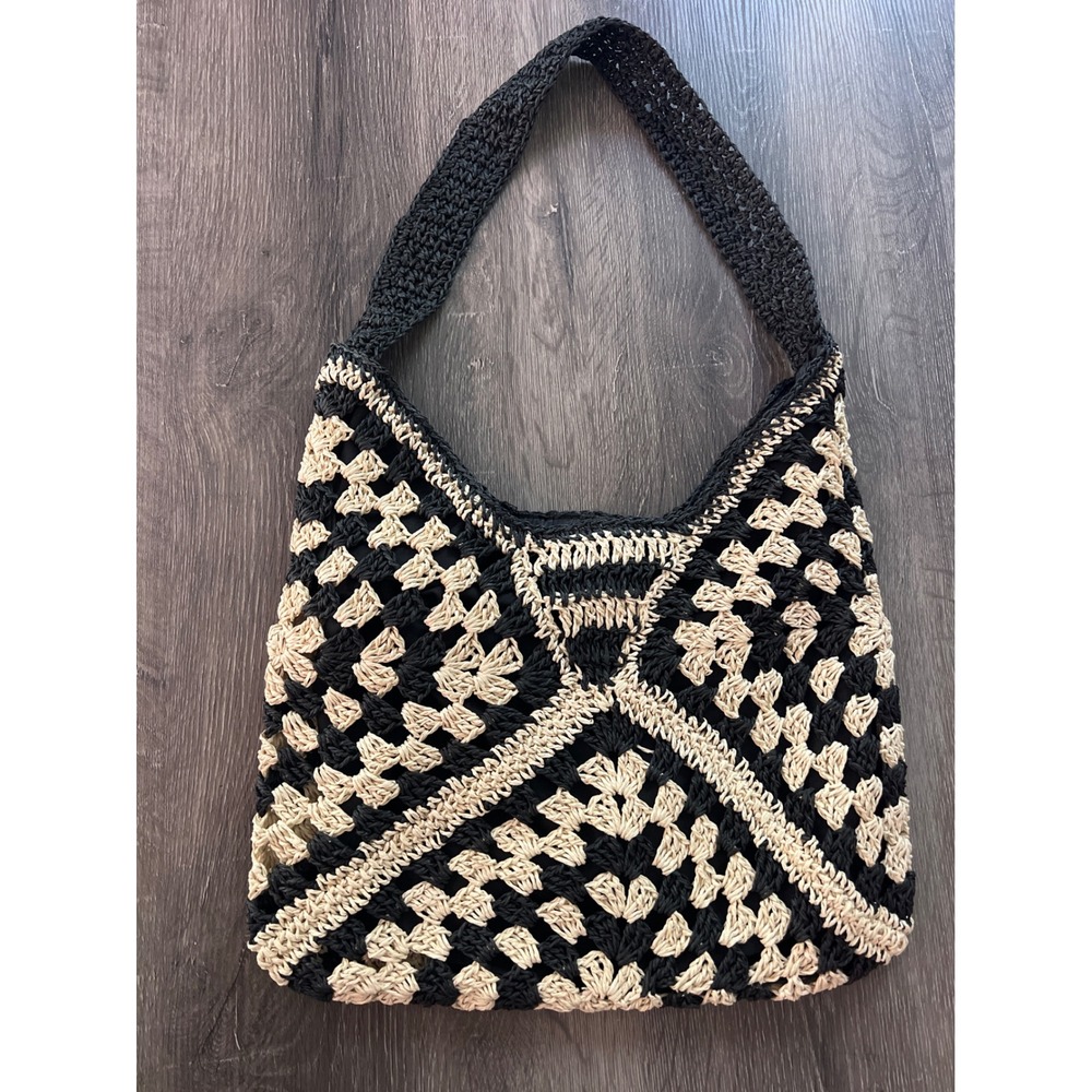 Steve‎ Madden Black Cream Crochet Granny Square Hobo Shoulder Bag Boho Woven